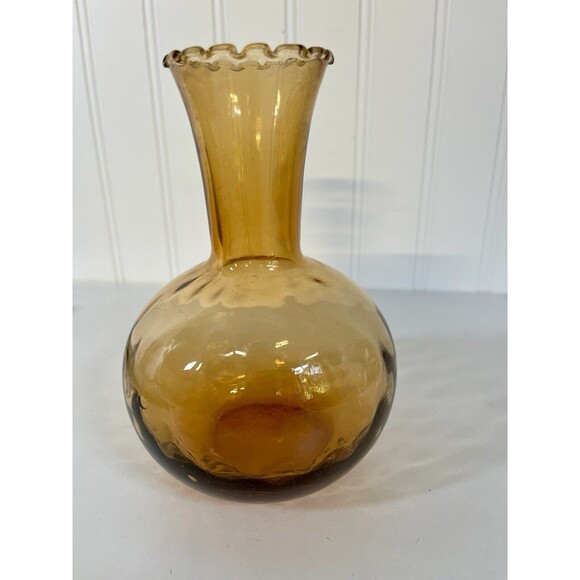 MCM QUILTED Glass Amber "vase" With‎ Ruffle Top Edge HAS 2 BUBBLES. SEE PHOTO - Picture 3 of 9